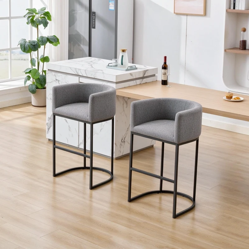 Set of 2 Counter-Height Stools with Chenille Upholstery, Soft Dining Chairs with Armrests and Footrests, 22'' L x 20" W x 36" H, Light Grey