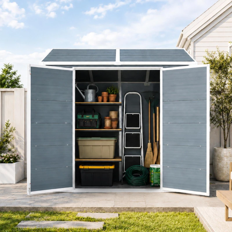Resin Outdoor Storage Shed with Two Air Vents and Built-In Floor, Durable Garden Shed for Patio and Backyard, 96" L x 75" W x 85" H, Grey