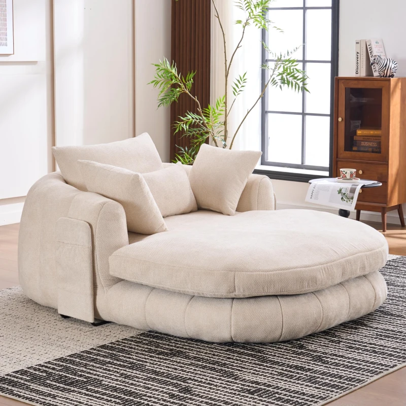 Oversized Chaise Lounge Chair with Deep Seat and Chenille, Soft Reading Sofa with Extra Pillows and No Assembly, 72.5'' L x 57" W x 23" H, Beige