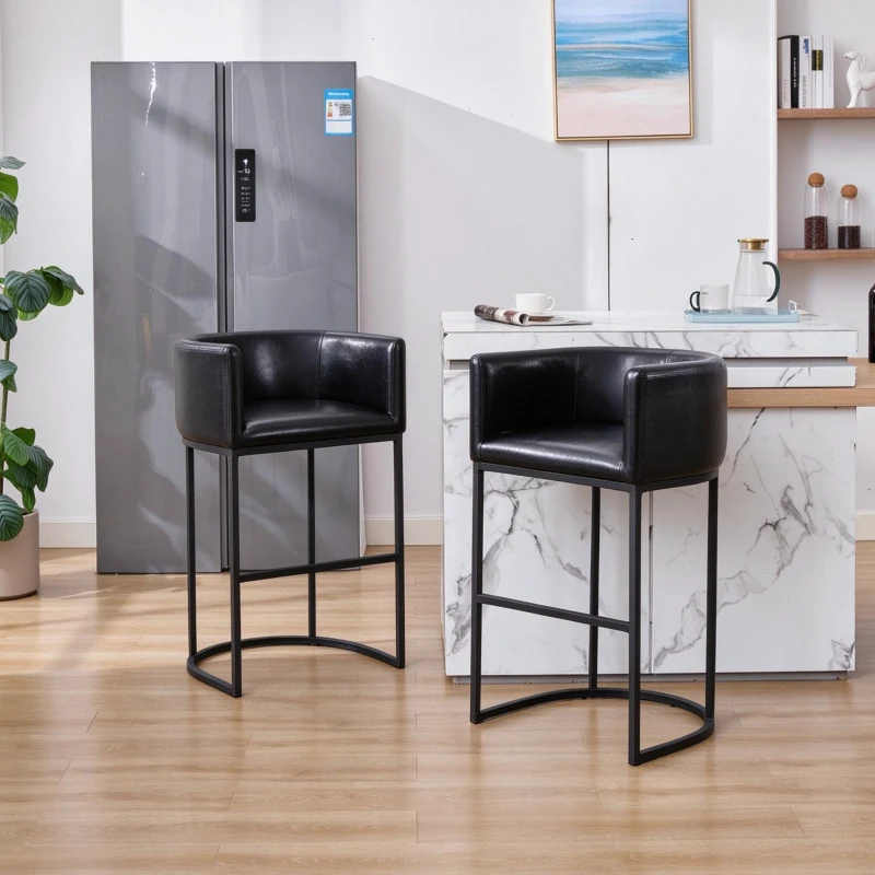 Elegant Set of 2 Counter-Height Bar Stools with PU Leather, Comfortable Kitchen Chairs with Armrests and Footrests, 22'' L x 20" W x 36" H, Black