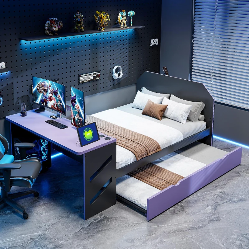 Modern Full-Size Daybed with Twin Trundle and Desk, Sturdy Sofa Bed with USB Port and Cable Management, 92" L x 58" W x 35.5" H, Purple
