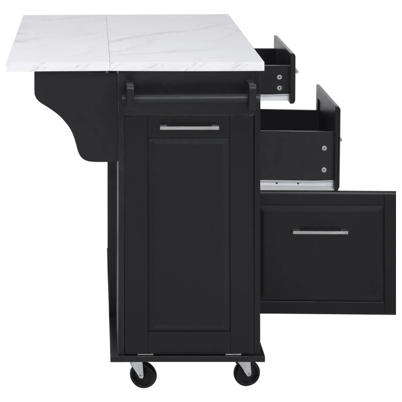 Vintage Rolling Kitchen Island with Drop-Leaf Countertop and Trash Bin, Multifunctional Storage Cart for Kitchen, 50.5" L x 26.5" W x 35.5" H, Black