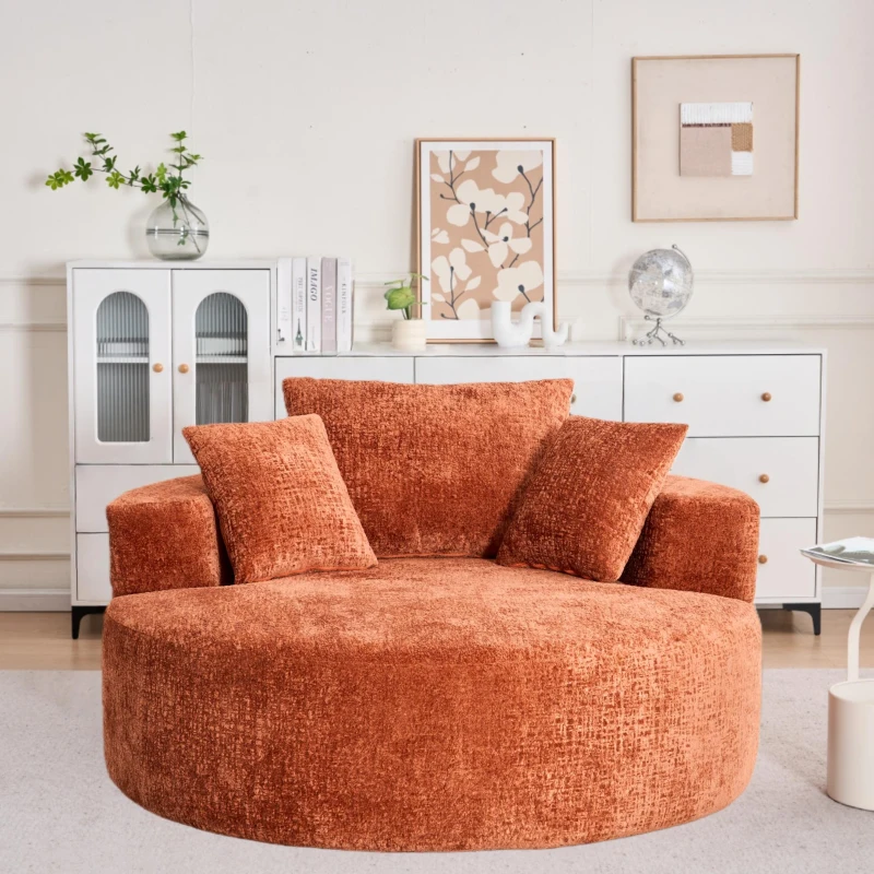 Fluffy Sleeper Chair with Plush Corduroy Fabric and Cylindrical Pillow, Soft Modular Lounge Sofa for Living Room, 54.5" L x 54.5" W x 33" H, Orange
