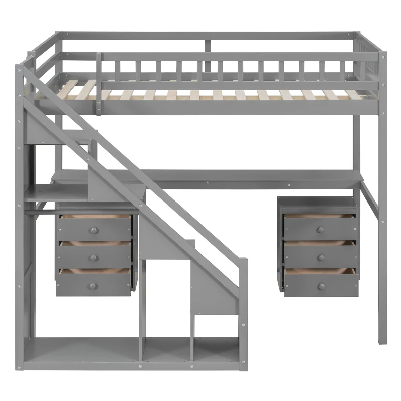 Elegant Full-Size Loft Bed with Desk and 2 Drawers, Chic Storage Bed with Side Staircase and LED Light, 79" L x 74.5" W x 68" H, Gray