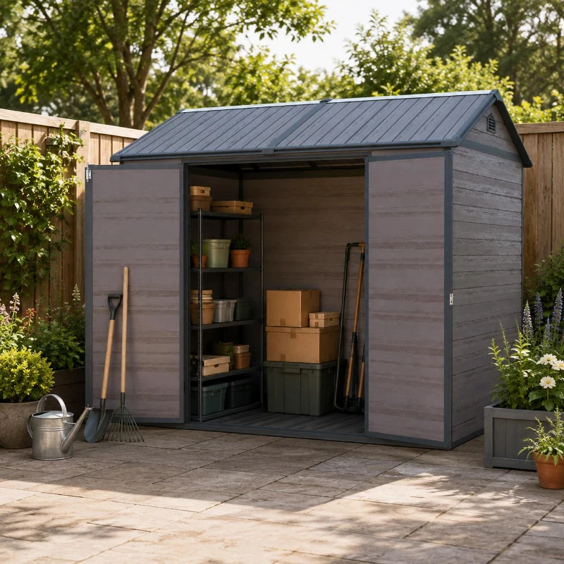 Durable Resin Storage Shed with Lockable Door and Two Air Vents, Weatherproof Outdoor Shed for Backyard, 96" L x 75" W x 85" H, Brown