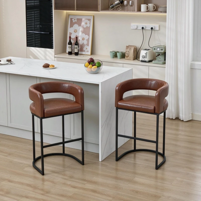 Modern Set of 2 Bar Stools with PU Leather and Curved Backrests, Counter-Height Kitchen Chairs with Metal Legs, 22" L x 21" W x 36" H, Brown
