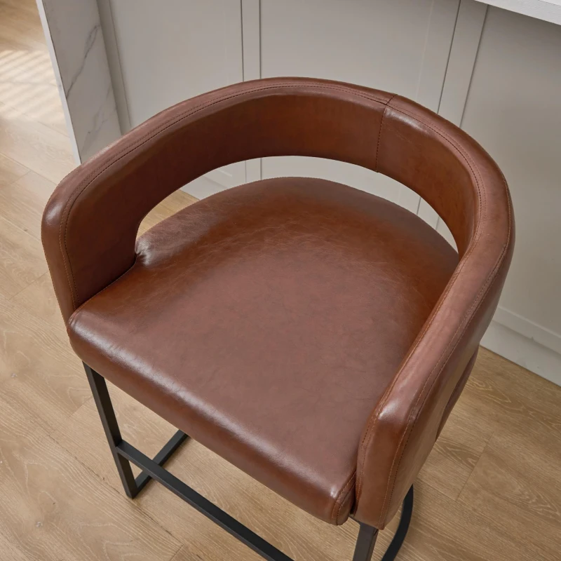 Modern Set of 2 Bar Stools with PU Leather and Curved Backrests, Counter-Height Kitchen Chairs with Metal Legs, 22" L x 21" W x 36" H, Brown