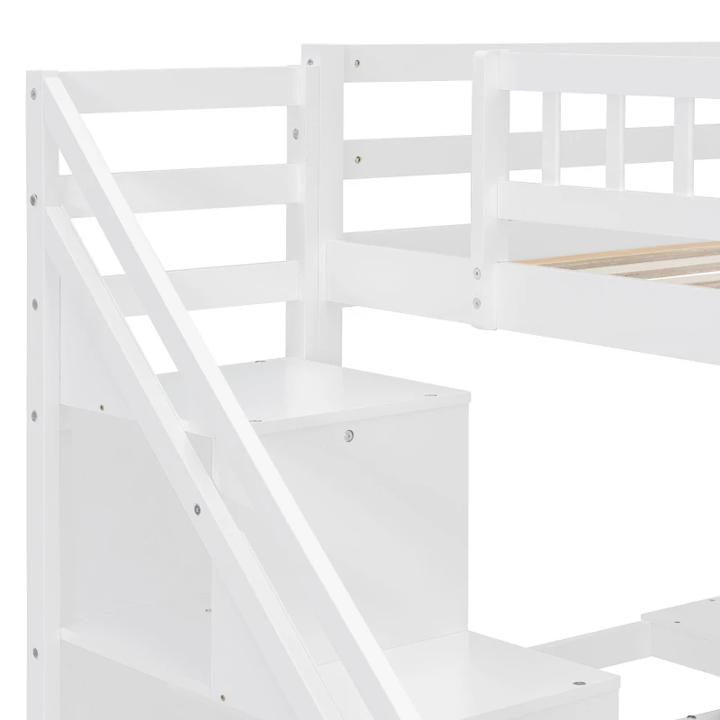Chic Twin Loft Bed with Desk and 7-Color LED Lights, Space-Saving Storage Bed with 2 Drawers and Stairs, 79" L x 59.5" W x 68" H, White
