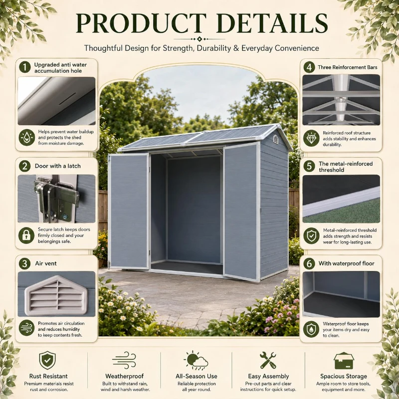Slim Resin Storage Shed with Padlockable Double Doors and Air Vents, Durable Garden Shed for Backyard, 95.5" L x 52.5" W x 81" H, Grey