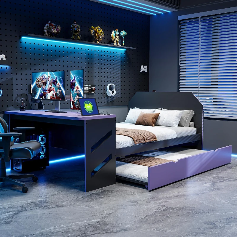 Modern Full-Size Daybed with Twin Trundle and Desk, Sturdy Sofa Bed with USB Port and Cable Management, 92" L x 58" W x 35.5" H, Purple