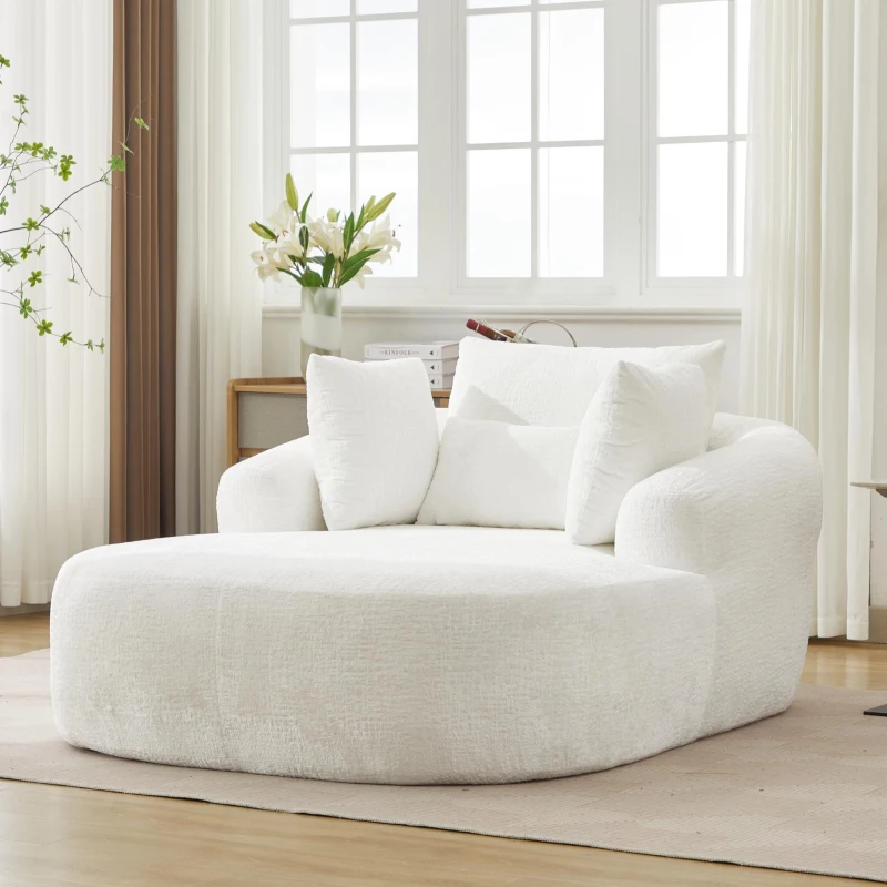 Plush Oversized Chaise Lounge with Deep Seat and Pillows, Versatile Sleeper Sofa with Corduroy and Armrests, 57.5'' L x 51.5" W x 32" H, White