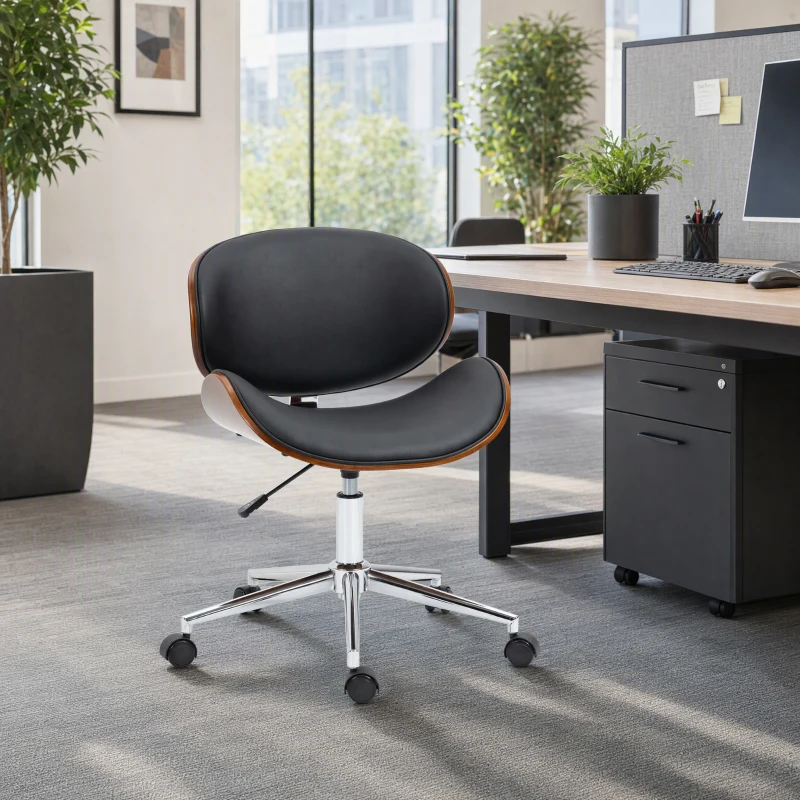 Vinsetto Chair, Faux Leather and Bentwood Computer Desk Chair with 360 Degree Swivel Wheels, Black