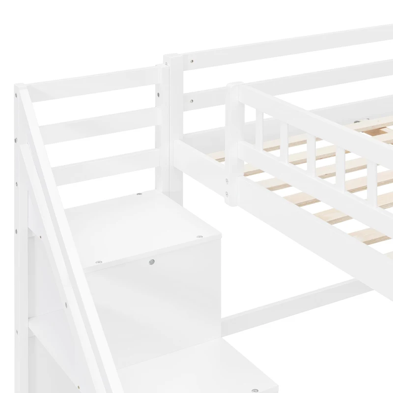 Chic Full-Size Loft Bed with Desk and LED Light, Space-Saving Storage Bed with 2 Drawers and Side Stairs, 79" L x 74.5" W x 68" H, White