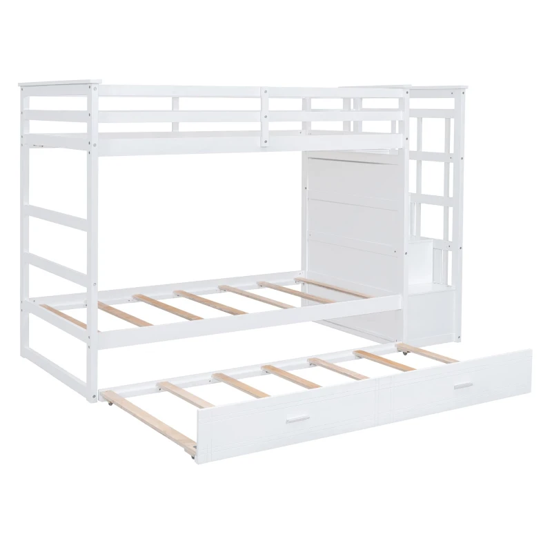 Elegant Twin-over-Twin Bunk Bed with Trundle and 4 Storage Drawers, Sturdy Pine Bed with Staircase and Slats, 97" L x 42.5" W x 65.5" H, White