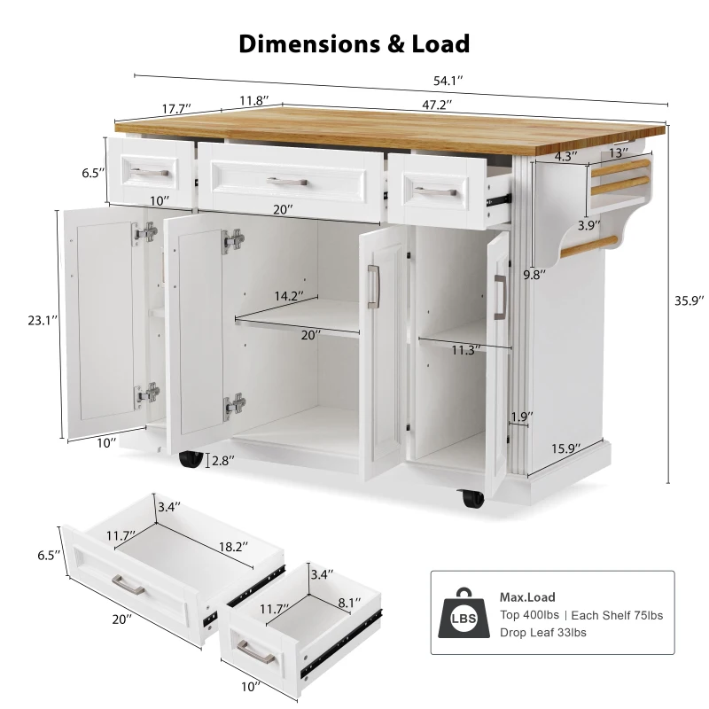 Farmhouse Rolling Kitchen Island with Rubberwood Drop Leaf, Spacious Storage Cart with 4 Doors and 3 Drawers, 54" L x 29.5" W x 36" H, White