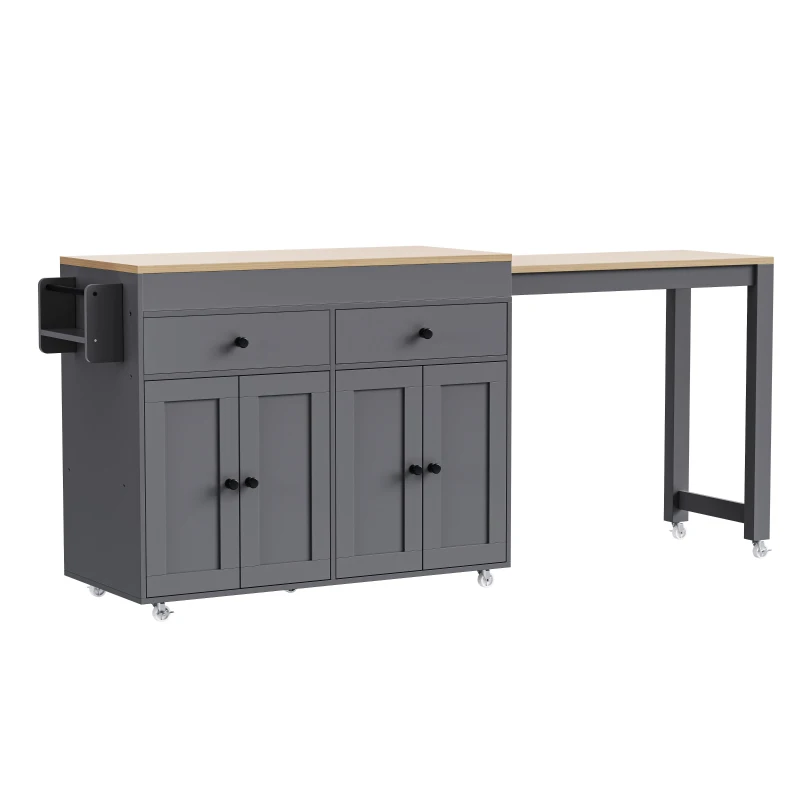 Chic Rolling Kitchen Island with Extendable Dining Table, Space-Saving Storage Cart with 4 Doors and 2 Drawers, 74.5" L x 19.5" W x 36" H, Grey