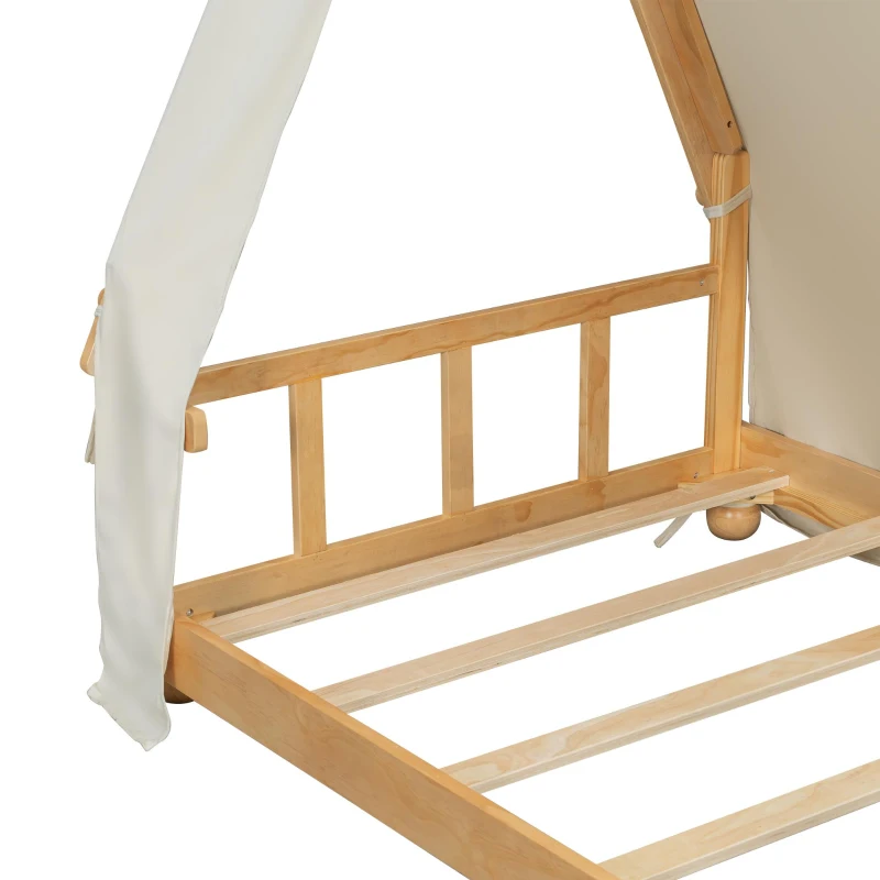 Whimsical Twin House Bed with Detachable Tent and Skylight, Sturdy Kids Wooden Platform Bed with 8 Slats, 79.5" L x 41" W x 63" H, White
