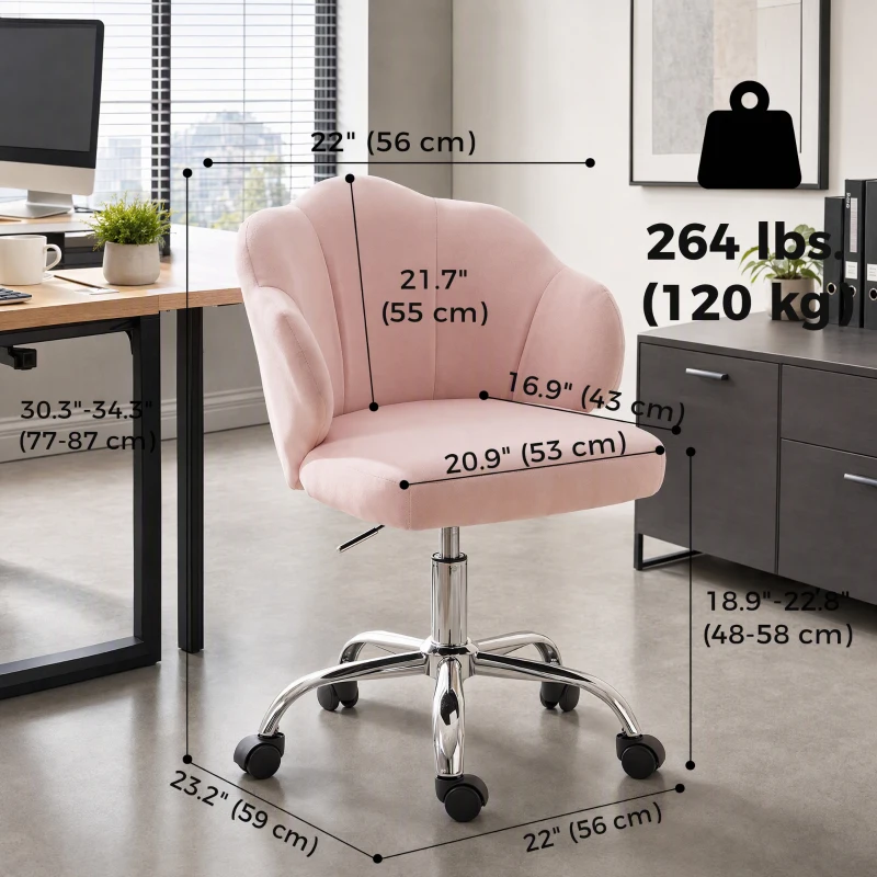 HOMCOM Task Desk Chair, Petal Office Chair with Swivel Wheels with Wide Seat, Velvet, Adjustable Height, Pink