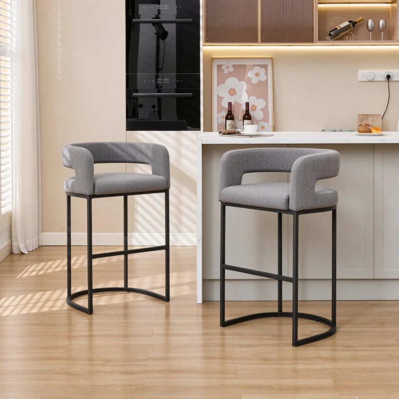 Soft Set of 2 Counter-Height Bar Stools with Chenille, Ergonomic Kitchen Chairs with Metal Legs and Footrests, 22'' L x 20" W x 36" H, Light Grey