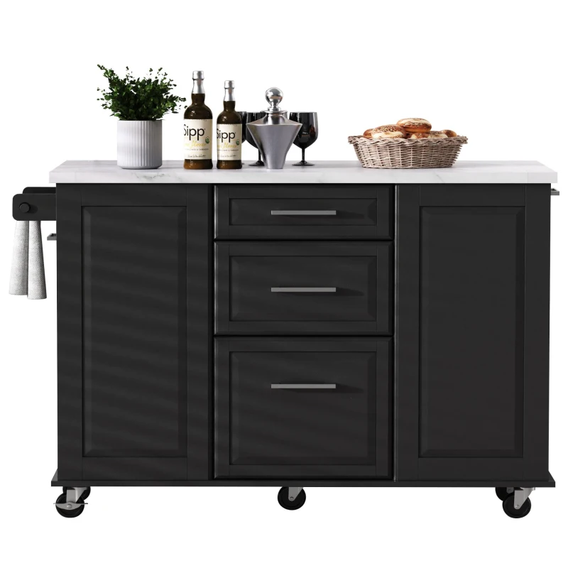Vintage Rolling Kitchen Island with Drop-Leaf Countertop and Trash Bin, Multifunctional Storage Cart for Kitchen, 50.5" L x 26.5" W x 35.5" H, Black