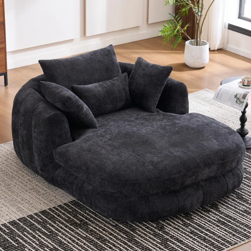 Plush Oversized Chaise Lounge with Deep Seat and Chenille, Soft Sleeper Sofa with Extra Pillows and No Assembly, 72.5'' L x 57" W x 23" H, Black