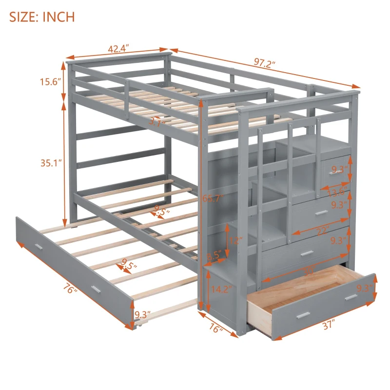 Modern Twin-over-Twin Bunk Bed with Trundle and 4 Storage Drawers, Sturdy Wooden Bed with Side Staircase, 97" L x 42.5" W x 65.5" H, Gray