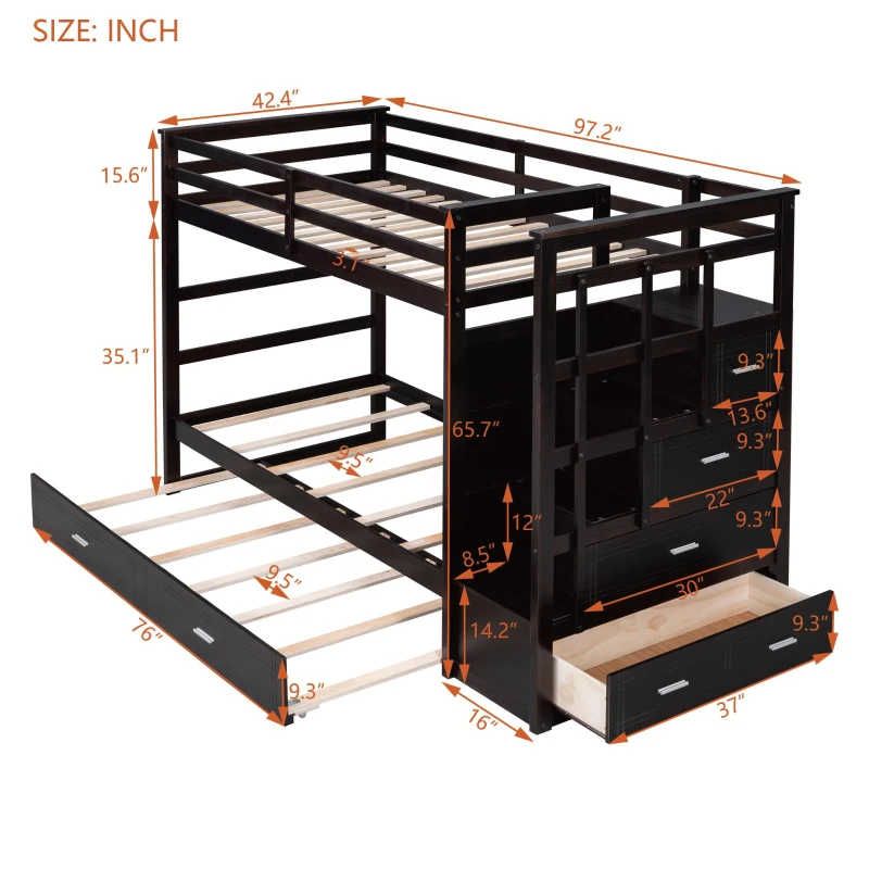 Elegant Twin-over-Twin Bunk Bed with Trundle and 4 Storage Drawers, Sturdy Bed with Staircase and Slat Kit, 97" L x 42.5" W x 65.5" H, Espresso