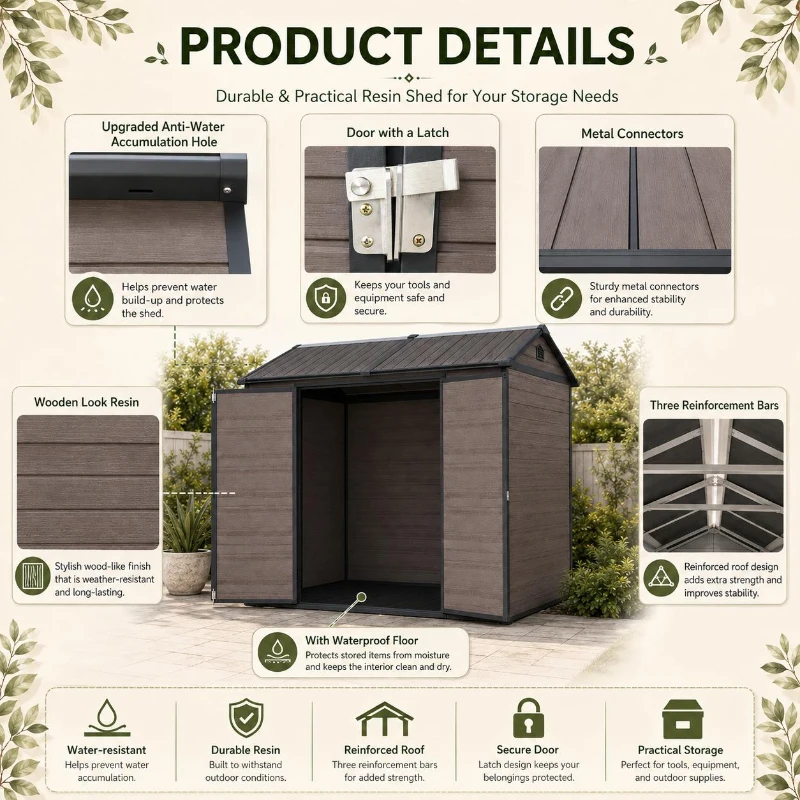 Durable Resin Storage Shed with Lockable Door and Two Air Vents, Weatherproof Outdoor Shed for Backyard, 96" L x 75" W x 85" H, Brown