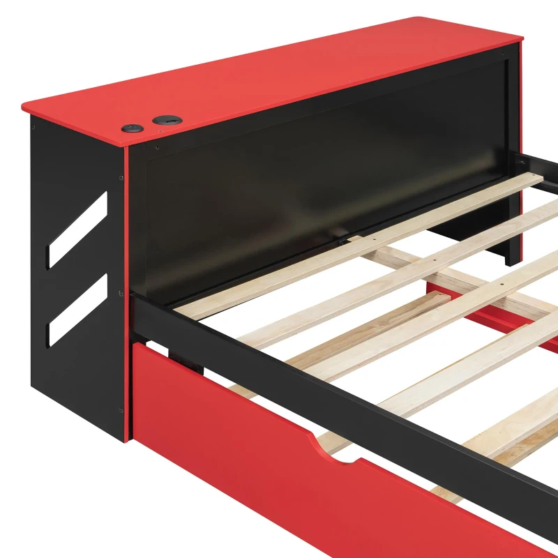 Sleek Full-Size Daybed with Twin Trundle and Desk, Modern Gaming Bed with USB Port and Cable Management, 92" L x 58" W x 35.5" H, Red