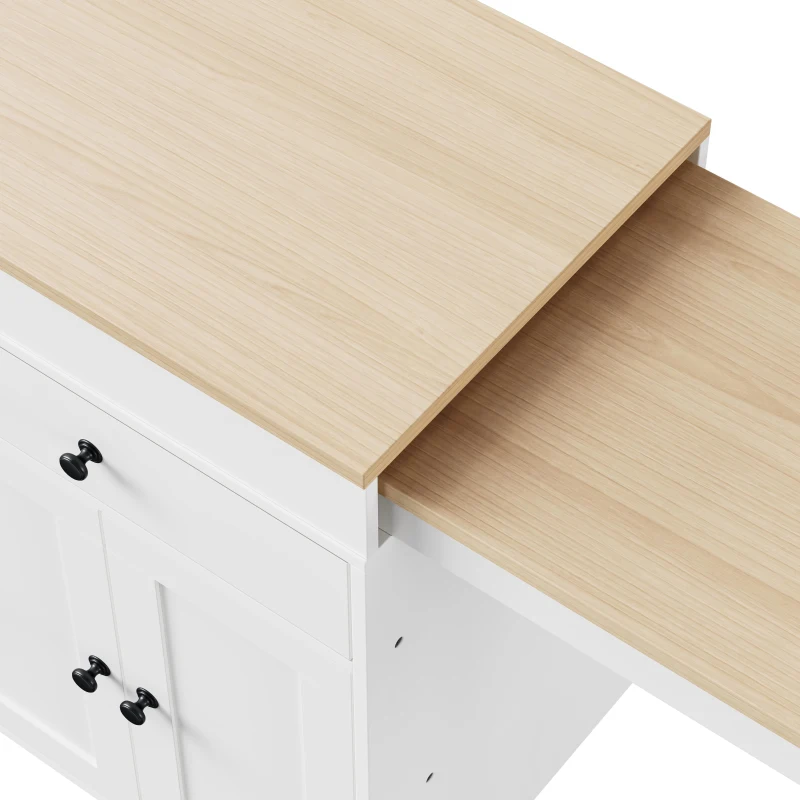 Chic Rolling Kitchen Island with Extendable Dining Table, Space-Saving Storage Cart with 4 Doors and 2 Drawers, 74.5" L x 19.5" W x 36" H, Off White