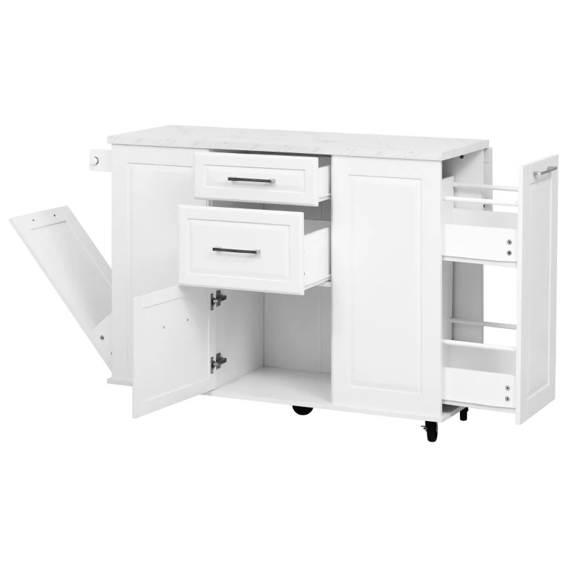 Vintage Rolling Kitchen Island with Drop-Leaf Countertop, Multifunctional Storage Cart with Tilt-Out Trash Bin, 50.5" L x 26.5" W x 35.5" H, White