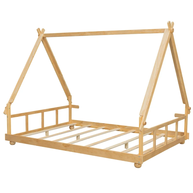 Modern Full-Size House Bed with Detachabl Tent, Sturdy Wooden Platform Bed with Skylight and 8 Slats, 79.5" L x 57.5" W x 63" H, White