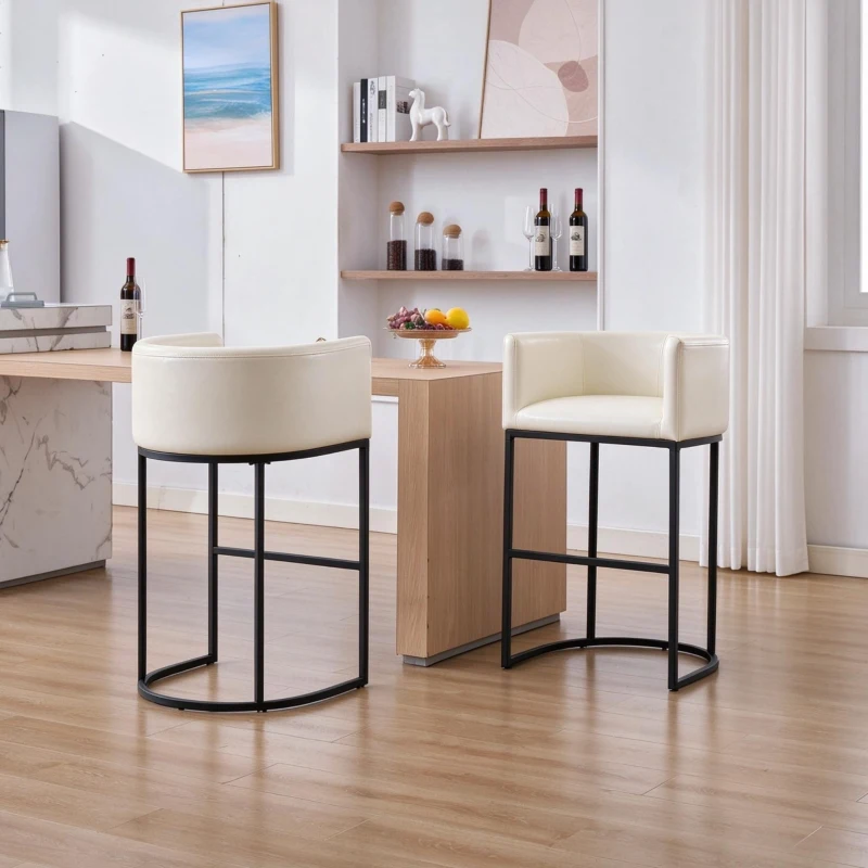 Elegant Set of 2 Counter-Height Bar Stools with PU Leather, Comfortable Kitchen Chairs with Armrests and Footrests, 22'' L x 20" W x 36" H, Beige