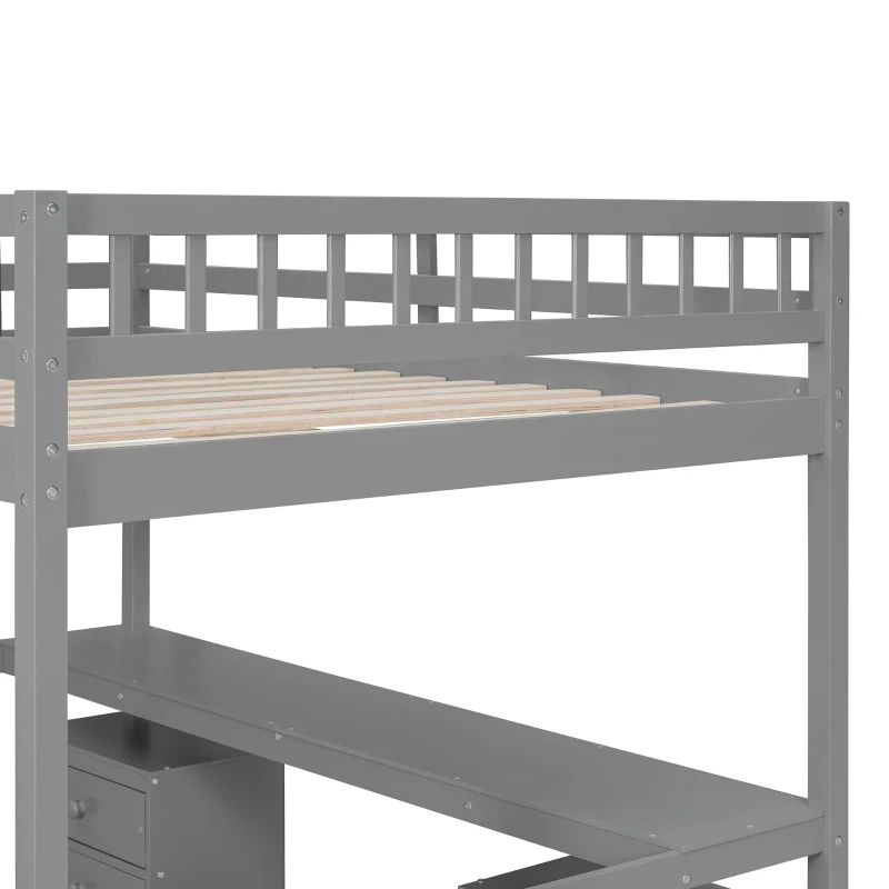 Elegant Full-Size Loft Bed with Desk and 2 Drawers, Chic Storage Bed with Side Staircase and LED Light, 79" L x 74.5" W x 68" H, Gray