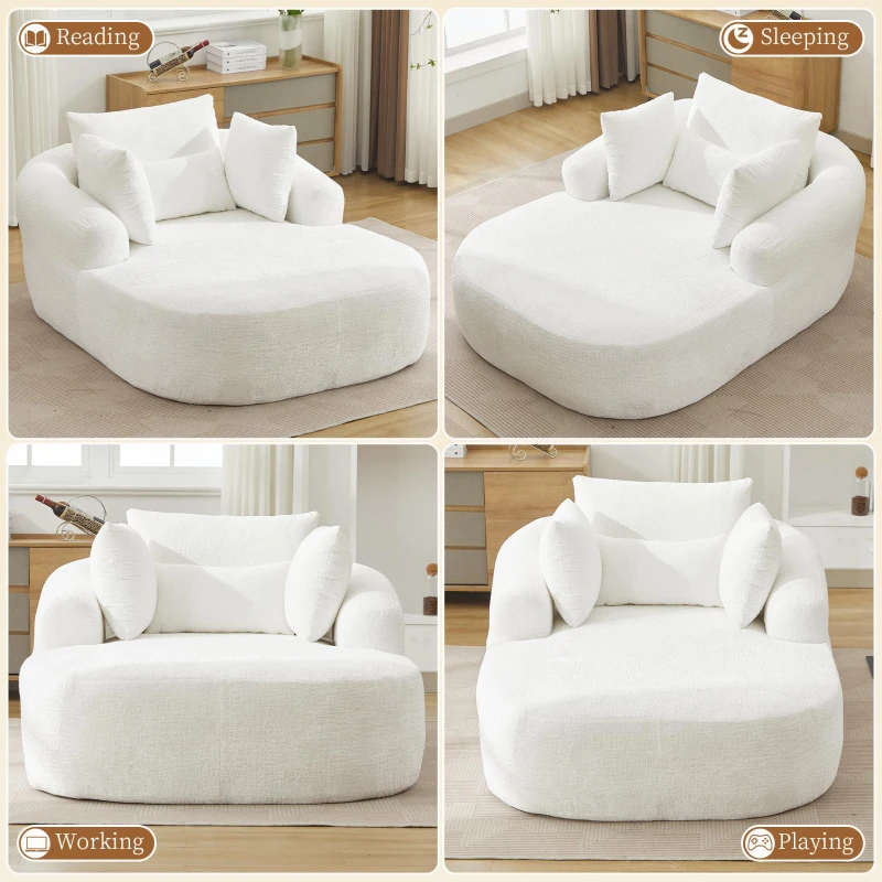 Plush Oversized Chaise Lounge with Deep Seat and Pillows, Versatile Sleeper Sofa with Corduroy and Armrests, 57.5'' L x 51.5" W x 32" H, White