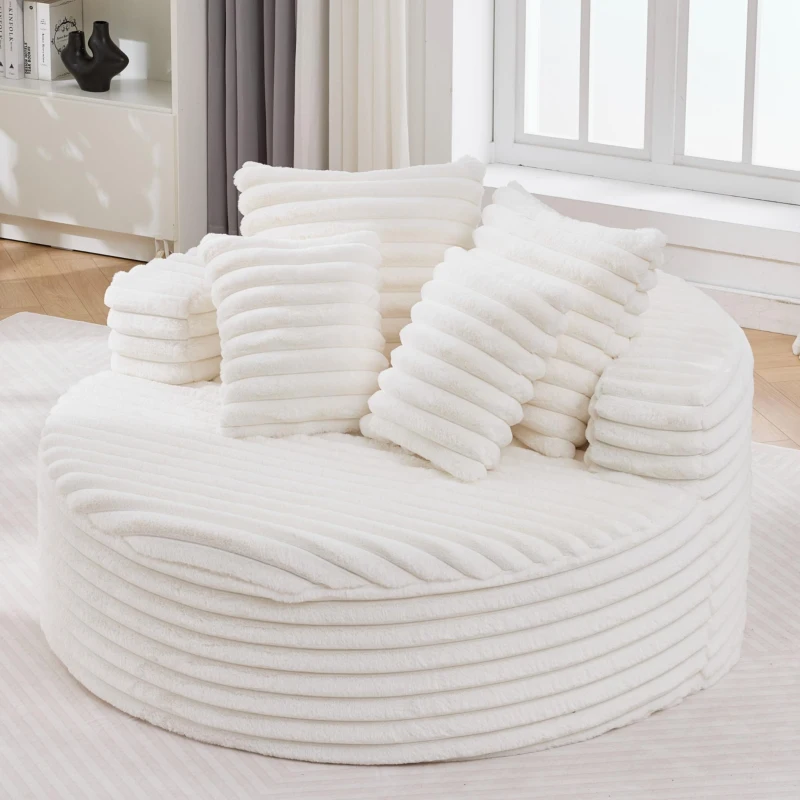 Plush Oversized Round Lounge Chair with Segmented Backrest, Velour Sofa with 4 Pillows and No Assembly, 54.5'' L x 54.5" W x 33" H, White