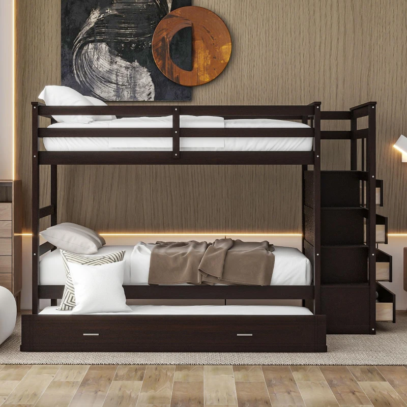 Elegant Twin-over-Twin Bunk Bed with Trundle and 4 Storage Drawers, Sturdy Bed with Staircase and Slat Kit, 97" L x 42.5" W x 65.5" H, Espresso