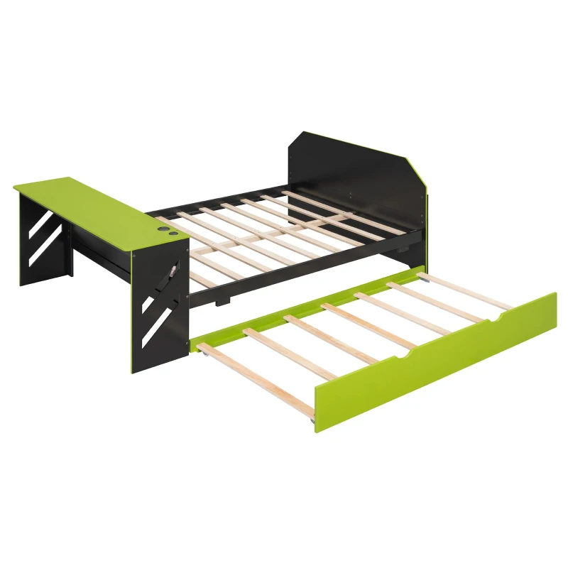Chic Full-Size Wooden Daybed with Twin Trundle and Desk, Sturdy Bed with USB Port and Cable Management, 92" L x 58" W x 35.5" H, Green