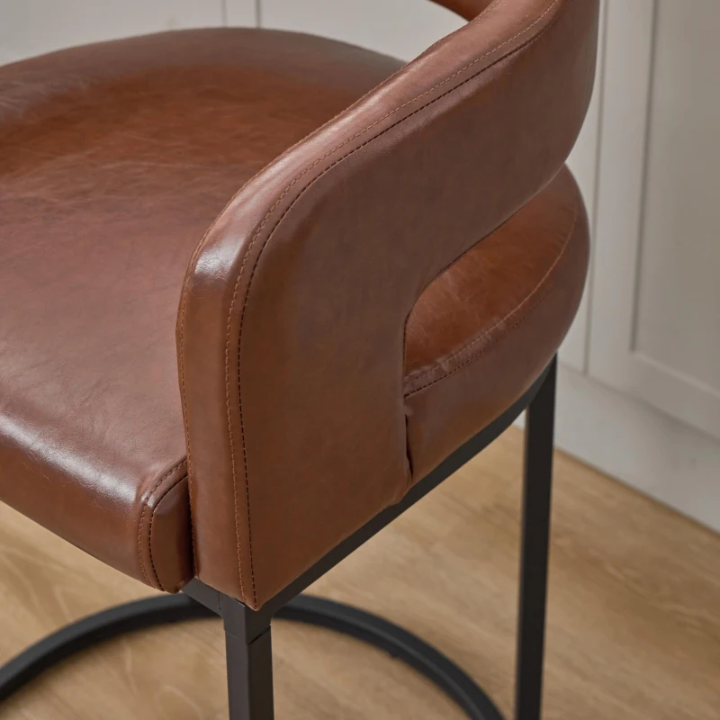 Modern Set of 2 Bar Stools with PU Leather and Curved Backrests, Counter-Height Kitchen Chairs with Metal Legs, 22" L x 21" W x 36" H, Brown