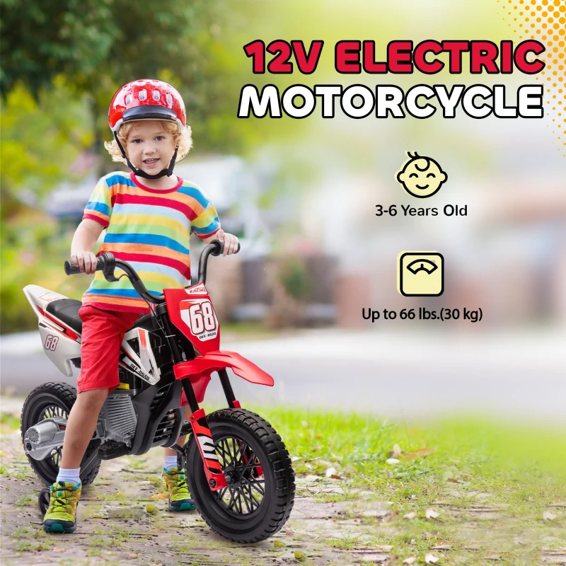 Qaba 12V Kids Dirt Bike, Electric Motorcycle with Twist Grip Throttle, Training Wheels, Rear Suspension & Music, Red
