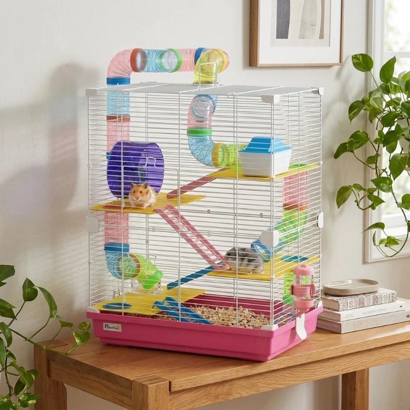 PawHut 5 Tiers Hamster Cage Portable Animal Travel Carrier w/ Exercise Wheels Tube, Pink