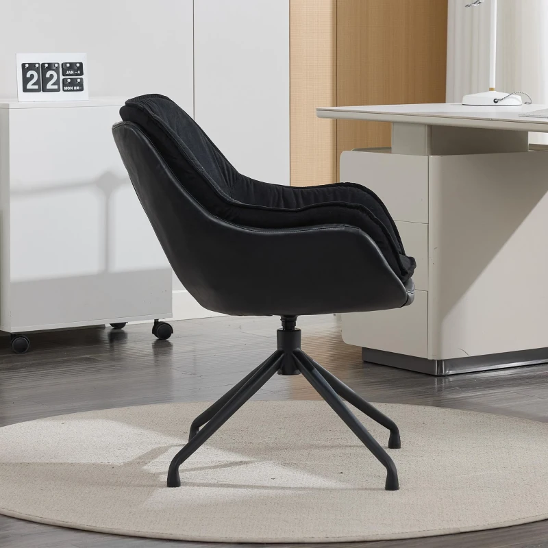 Chic Faux Leather Armchair with Contoured Backrest, Supportive Vanity Chair for Living Room Bedroom Home Office, 28'' L x 28"W x 32" H, Black