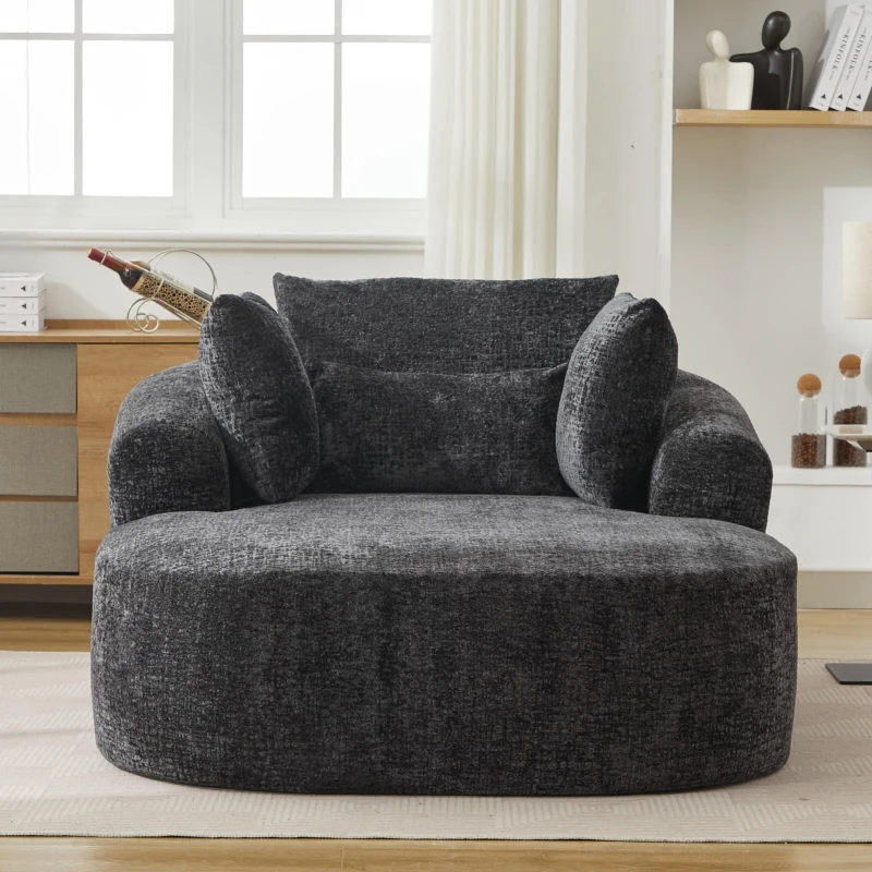 Plush Oversized Chaise Lounge with Deep Seat and Pillows, Versatile Sleeper Sofa with Corduroy and Armrests, 57.5'' L x 51.5" W x 32" H, Grey