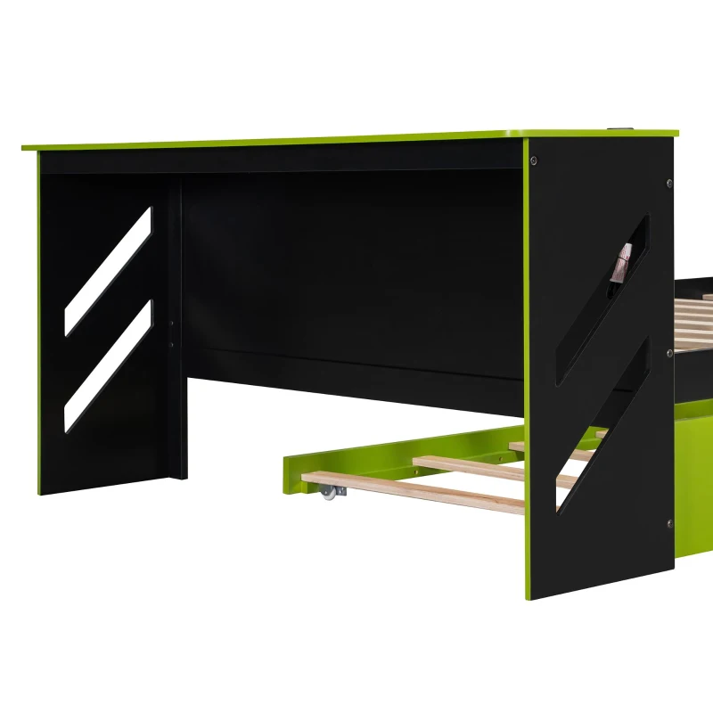 Chic Full-Size Wooden Daybed with Twin Trundle and Desk, Sturdy Bed with USB Port and Cable Management, 92" L x 58" W x 35.5" H, Green