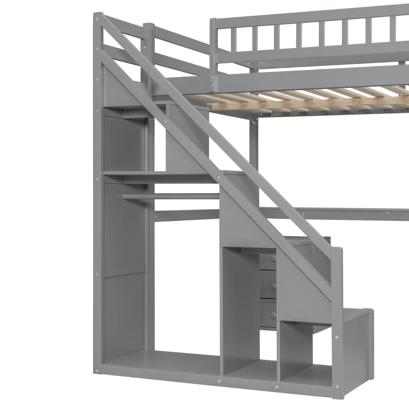 Elegant Full-Size Loft Bed with Desk and 2 Drawers, Chic Storage Bed with Side Staircase and LED Light, 79" L x 74.5" W x 68" H, Gray