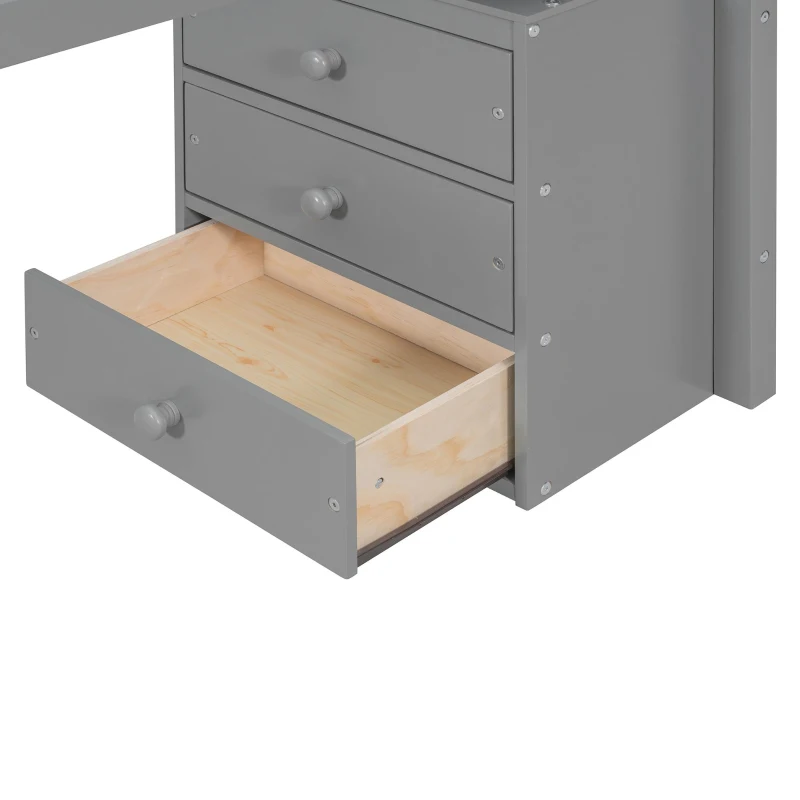 Elegant Full-Size Loft Bed with Desk and 2 Drawers, Chic Storage Bed with Side Staircase and LED Light, 79" L x 74.5" W x 68" H, Gray