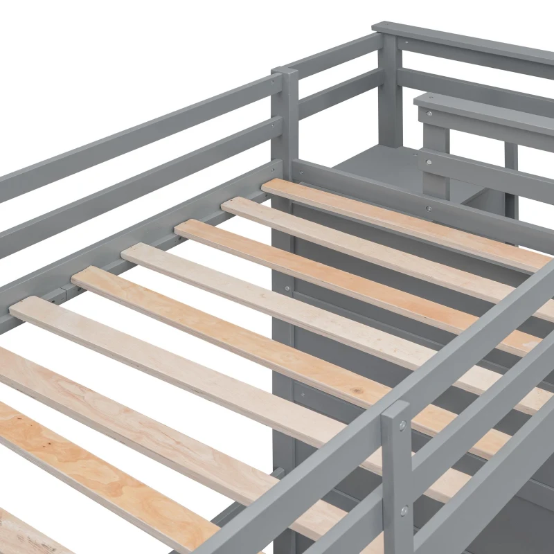 Modern Twin-over-Twin Bunk Bed with Trundle and 4 Storage Drawers, Sturdy Wooden Bed with Side Staircase, 97" L x 42.5" W x 65.5" H, Gray