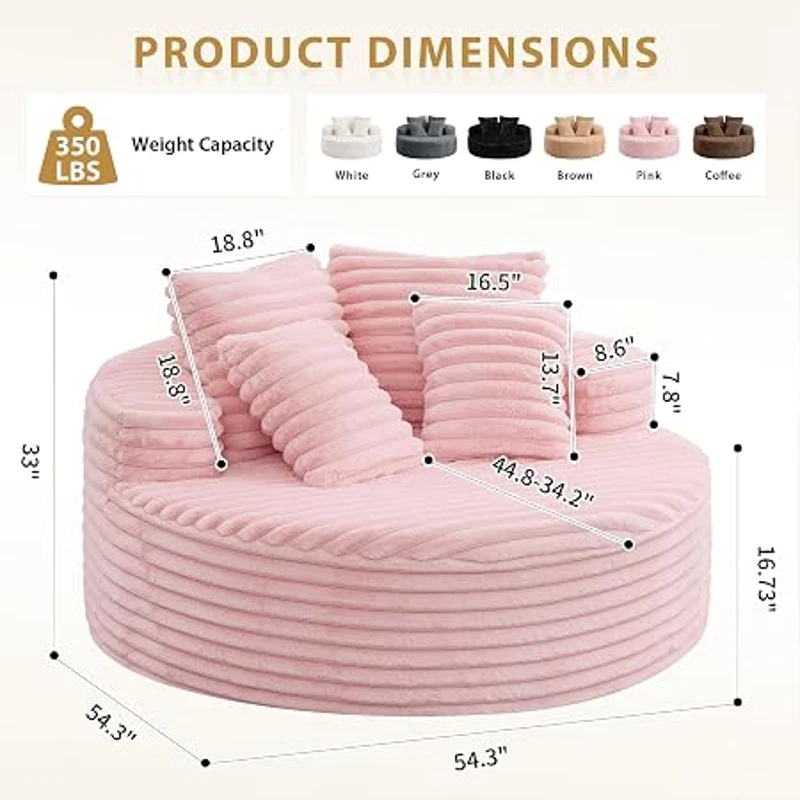 Plush Oversized Round Lounge Chair with Segmented Backrest, Velour Sofa with 4 Pillows and No Assembly, 54.5'' L x 54.5" W x 33" H, Pink