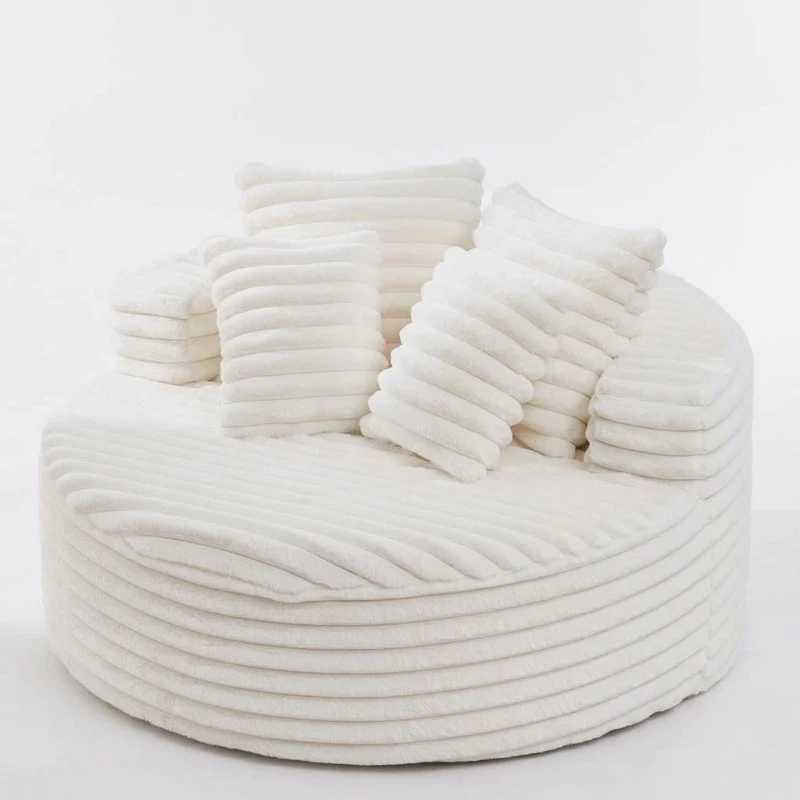 Plush Oversized Round Lounge Chair with Segmented Backrest, Velour Sofa with 4 Pillows and No Assembly, 54.5'' L x 54.5" W x 33" H, White