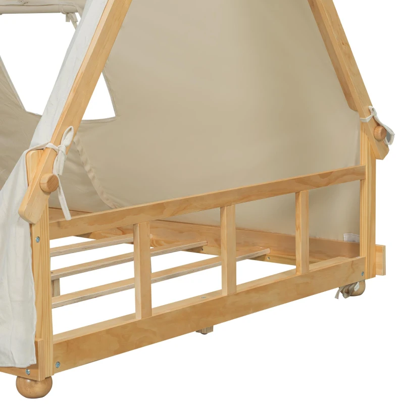 Modern Full-Size House Bed with Detachabl Tent, Sturdy Wooden Platform Bed with Skylight and 8 Slats, 79.5" L x 57.5" W x 63" H, White